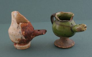 Two Late Medieval Pottery Toy Whistles - Green Tudor Glaze - 15th/16th Century. photo