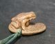 A701: Japanese Wood Carving Ware Netsuke Frog On Straw Sandals With Sign Netsuke photo 2