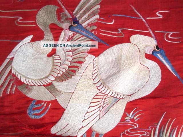 1800 ' S Antique Chinese Embroidered Panel Wall Hanging Cranes,  Flowers Red Ground Robes & Textiles photo