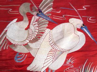 1800 ' S Antique Chinese Embroidered Panel Wall Hanging Cranes,  Flowers Red Ground photo