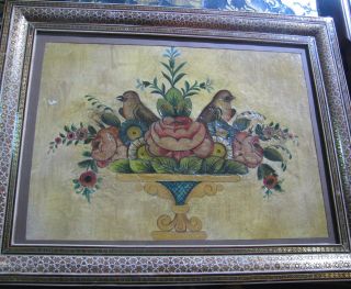 Persian Qajar Art Painting On Plaster Birds And Flowers Khatam Frame photo