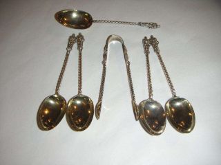 Set Of Antique Silver Apostle Topped Spoons & Sugar Tongs By George Unite 1899 photo