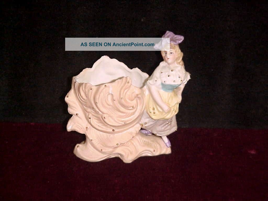 Fine Antique Victorian Bisque Porcelain Toothpick Holder With Pretty Lady Figurines photo