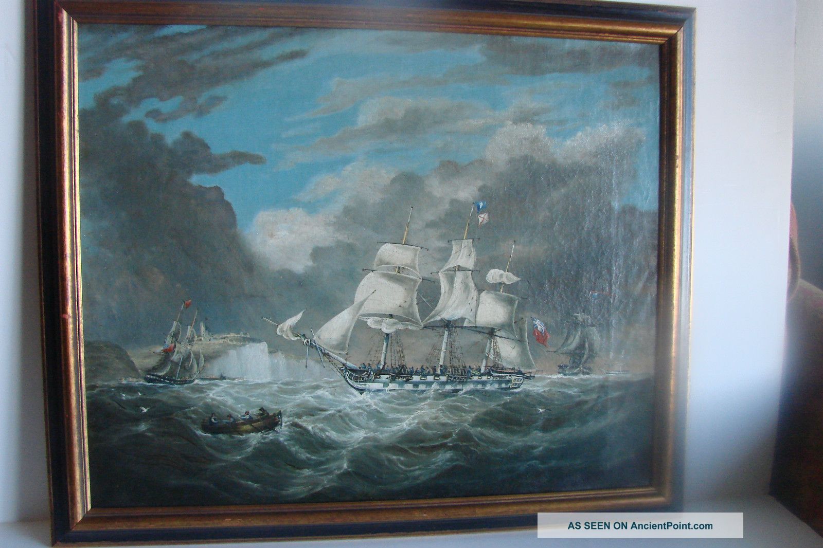 Maritime Painting British Frigates Working Crew,  Flags Artist Signed Ca.  1847 Folk Art photo
