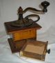 Antique Ornate Side Handled Cast Iron & Dovetailed Wood Coffee Mill Grinder Other photo 3