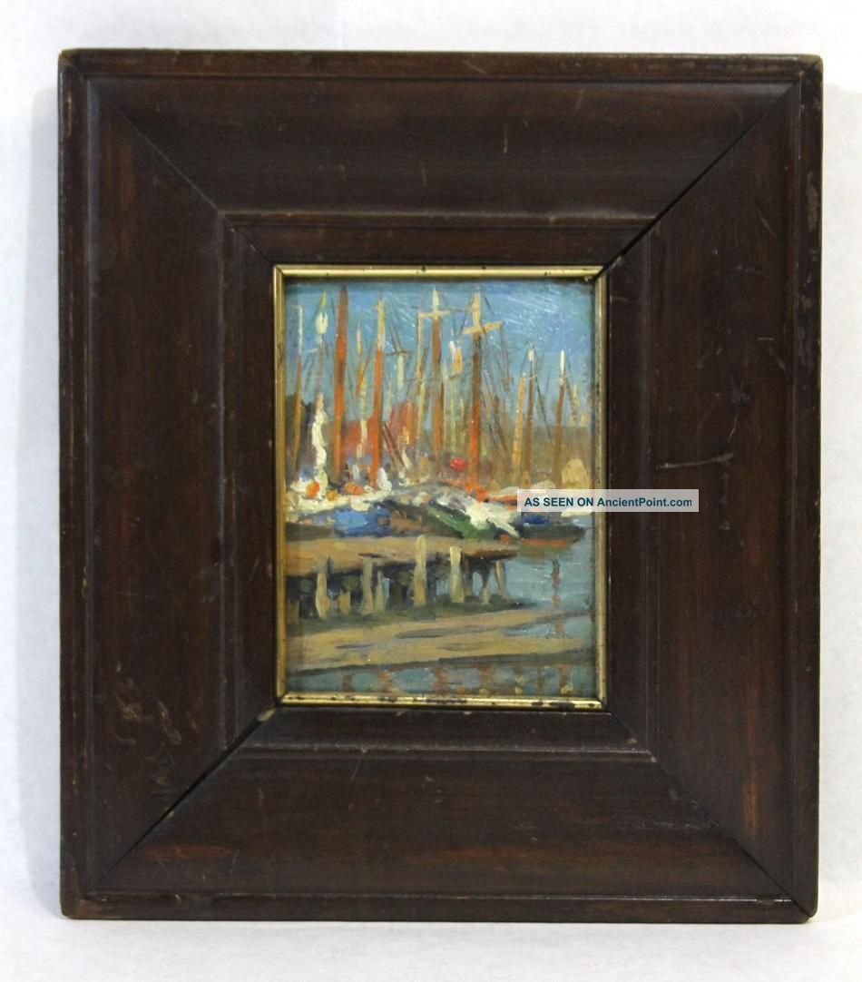 Small Antique Gloucester Harbor Sailboat Masts Impressionist Oil Painting Other photo