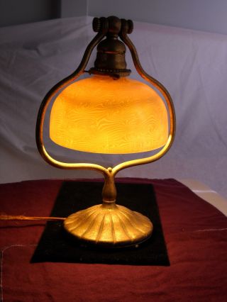 Tiffany Harp Arm Desk Lamp - Gold Gilt Bronze & Gold Damascene Favrile Shade photo