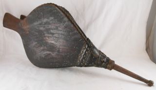 Great 18th Or Early 19th Century Elmwood Bellows,  Iron Nozzle,  Leather photo