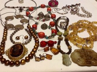 Quality Lot Rare Antique,  Vintage 14k,  925,  Jade,  Coral,  Amber,  Pearls,  Estatejewelrynr photo