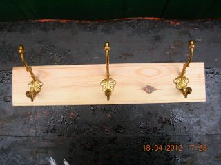 3 Repro.  Victorian Acorn Cast Brass Coat Hooks On Pine Board photo