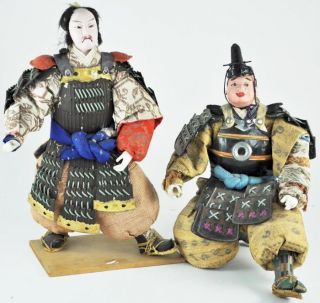 Japanese Samurai Ningyo Musha Antique Doll Pair Warrior Vintage Figure Pair photo