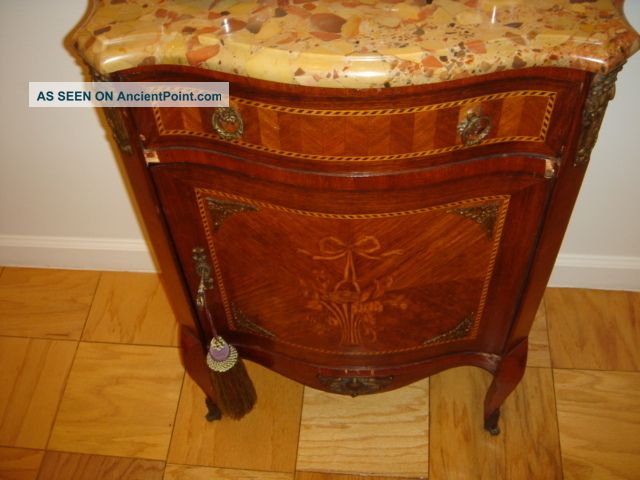 French Louis Xiv Antique Wood Marble Top Cabinet Commode W/ Inlay Bronze Decor 1800-1899 photo