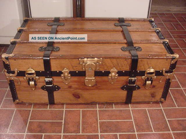 Refinished Flat Top Steamer Trunk Antique Chest With Straps & Lock With Key 1800-1899 photo