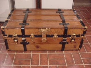 Refinished Flat Top Steamer Trunk Antique Chest With Straps & Lock With Key photo