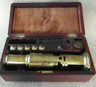 V Rare Mahogany Cased Victorian Antique Brass Microscope photo