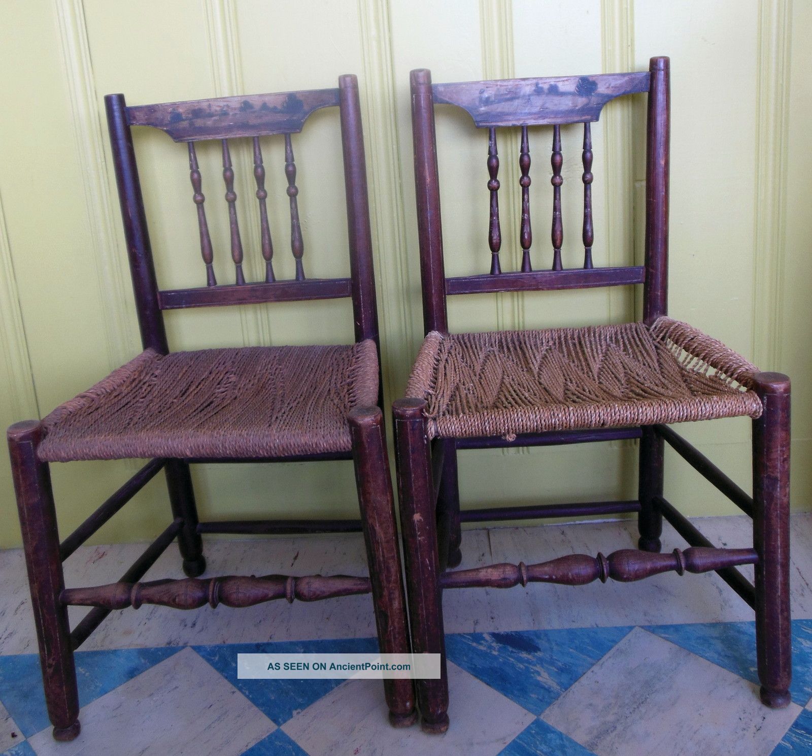 18c Hand Painted Landscape Scene Rope Seat Wood Peg Jointed Chair Pair Pre-1800 photo