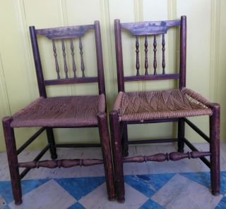 18c Hand Painted Landscape Scene Rope Seat Wood Peg Jointed Chair Pair photo