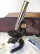 Early Brass & Iron Single Pillar Microscope Accessories & Wooden Box Other photo 2