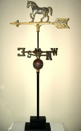 Antique Prancing Horse Weathervane/copper Ball/directionals / Rod & Stand photo