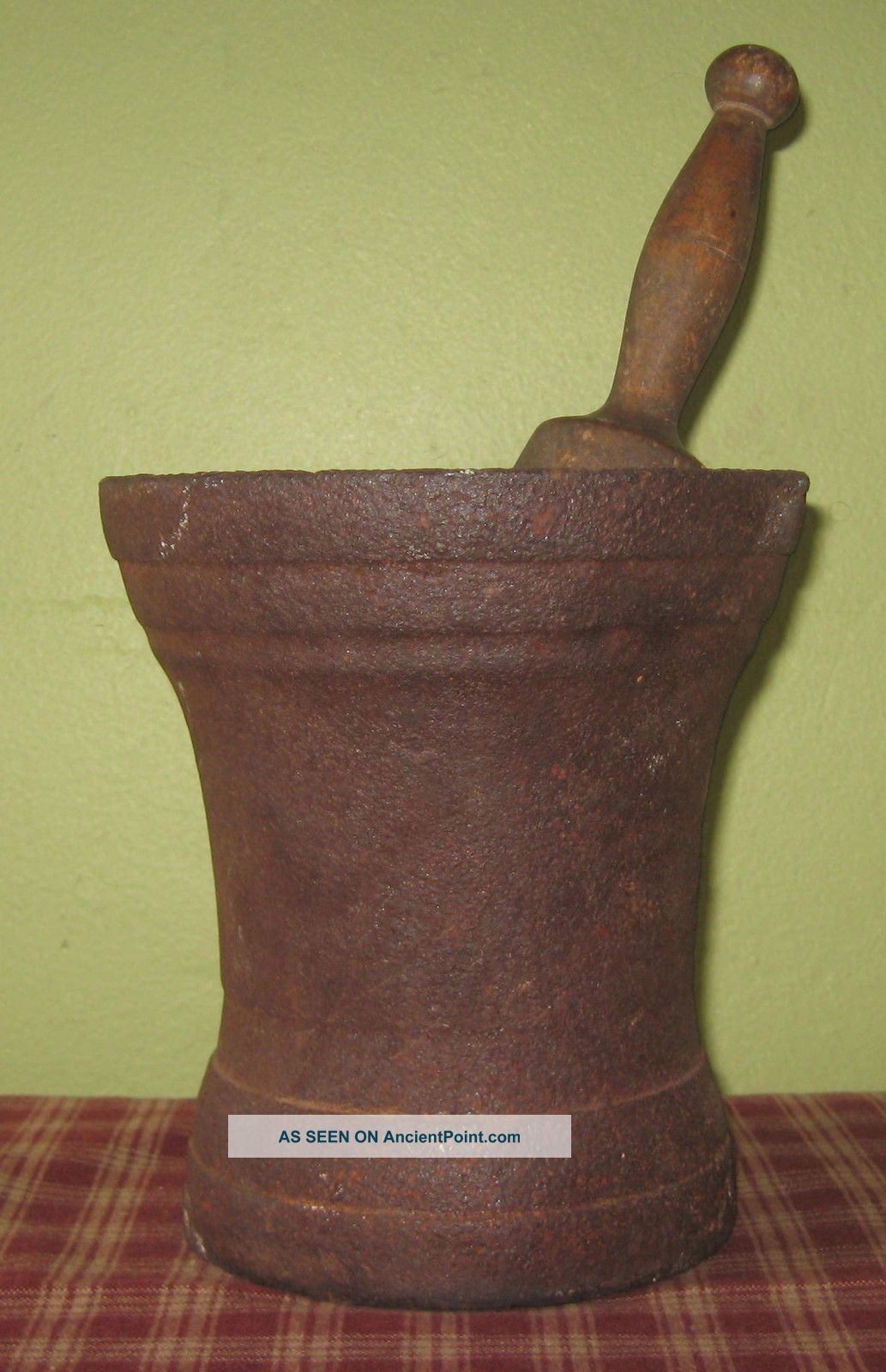 Antique Iron Mortar & Wood Wooden Pestle Primitives photo