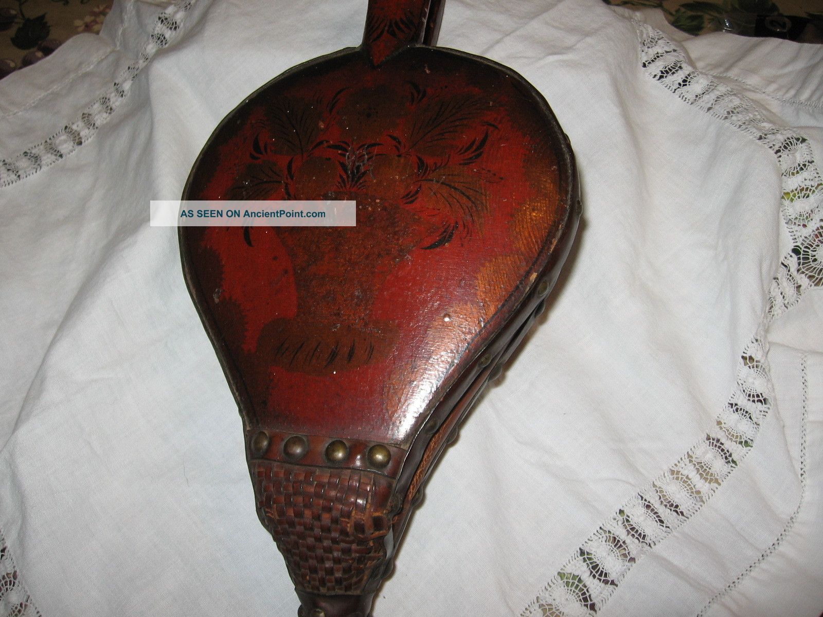 Fireplace Bellows: 1842 Ornate Turtle Back Red W/floral Painting Hearth Ware photo