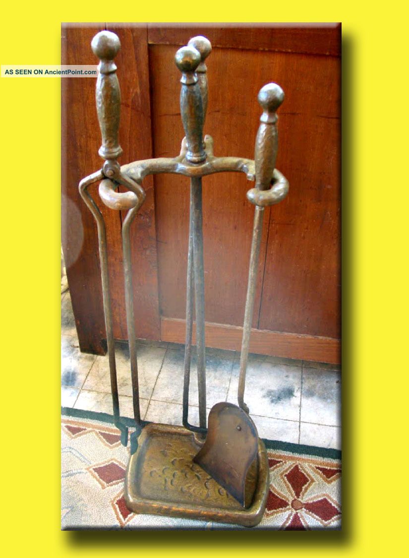 Antique Heavy Cast Iron Fireplace Tool Set Hearth Arts Crafts Style Mission Hearth Ware photo