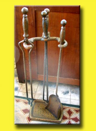 Antique Heavy Cast Iron Fireplace Tool Set Hearth Arts Crafts Style Mission photo