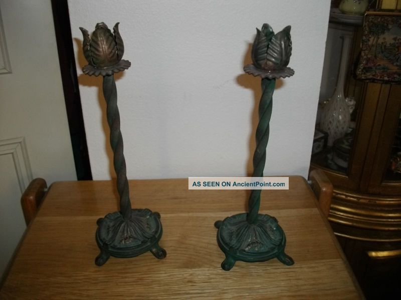 Art Deco Metal Tulip & Paw Feet Candlesticks Metalware photo