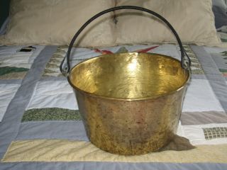 Antique 19th Cent.  Solid Brass Bucket,  Forged Iron Rat Tail Handle,  Copper Rivets photo