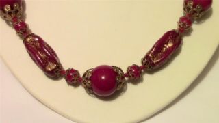 Vintage 1950s Cranberry Red Gold Flecked Murano Italian Art Glass Bead Necklace photo