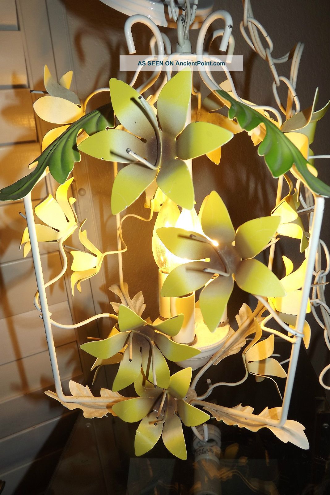 Vintage French Floral Metal Tole Light Chandelier Floral Metal Chic Toleware photo