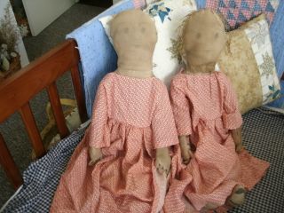 Two Primitive Dolls - Identical Dresses - All Vintage Fabrics photo