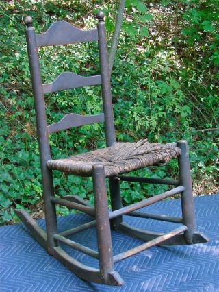 Early 19th C Ladder Back Rocking Chair,  Orig.  Finish & Seat,  Diminutive,  Rustic photo