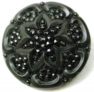 Antique Black Glass Button Fancy Floral Design photo