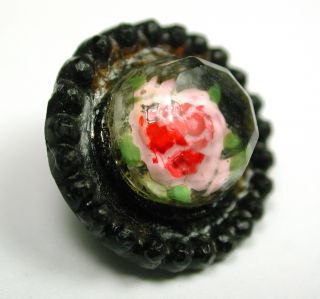 Antique Glass Button Reverse Intaglio Rose Design Under Crystal Top photo