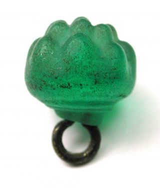Antique Charmstring Glass Button Green Pudding Mold Dimi Swirl Back photo