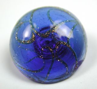 Antique Glass Swirl Back Button Cobalt Blue Dome W/ Gold Sparkle photo
