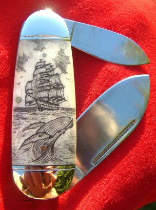 Nautical Scrimshawart,  Tall Ship,  Whales,  2 Blade Folding Knife/knives photo