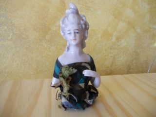 Antique German Pincushion Half Doll Wrapped In Fabric Ornate Hair Broken Arm photo
