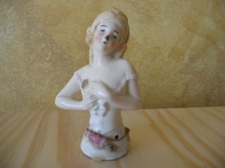 Antique German Pincushion Half Doll White Top Blond Hair Damaged Needs Tlc photo