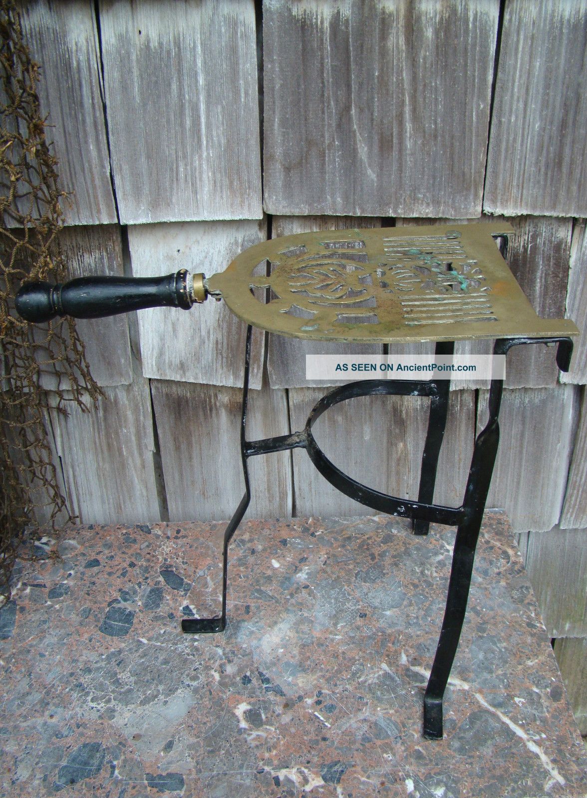 Vtg Iron Wood Handle Brass Plate Hearth Fireplace Plant Stand Trivet Trivets photo