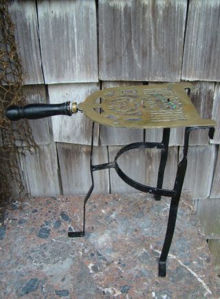 Vtg Iron Wood Handle Brass Plate Hearth Fireplace Plant Stand Trivet photo