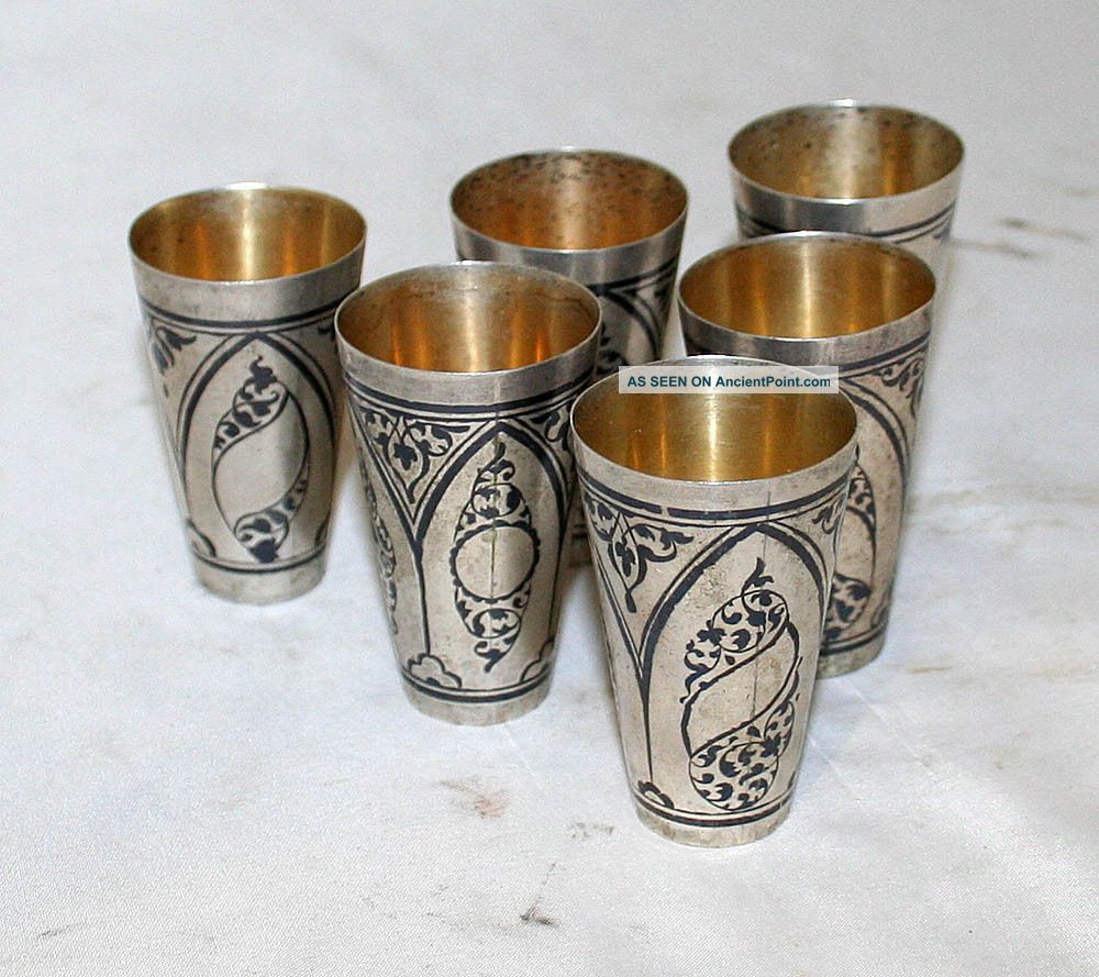 Russian Antique Sterling Silver Enamel Niello 6 Cups Gilt Russia Circa 1930s Russia photo