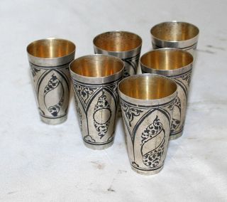 Russian Antique Sterling Silver Enamel Niello 6 Cups Gilt Russia Circa 1930s photo