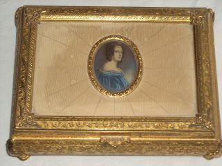 Vintage Box With Jewels Hand Painted Miniature Golden Portrait Of Styl Empire photo