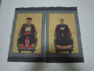 A Pair Of Antique Chinese Family Tree Ancestor Painting photo