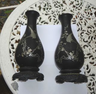 Pair Antique Chinese Lacquer Vases With Silver Inlaid Birds And Flowers C.  1930s photo