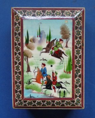 Indian Inlaid Wooden Box With Polo Players - 20th Century photo