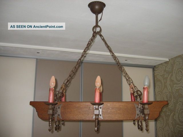 Antique French Oak & Wrought Iron 6 Light Medieval Castle Chandelier Chandeliers, Fixtures, Sconces photo
