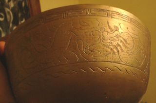 Antique Brass Bowl Hand Engraved Fish Dragon/bird/volcano ? 9 